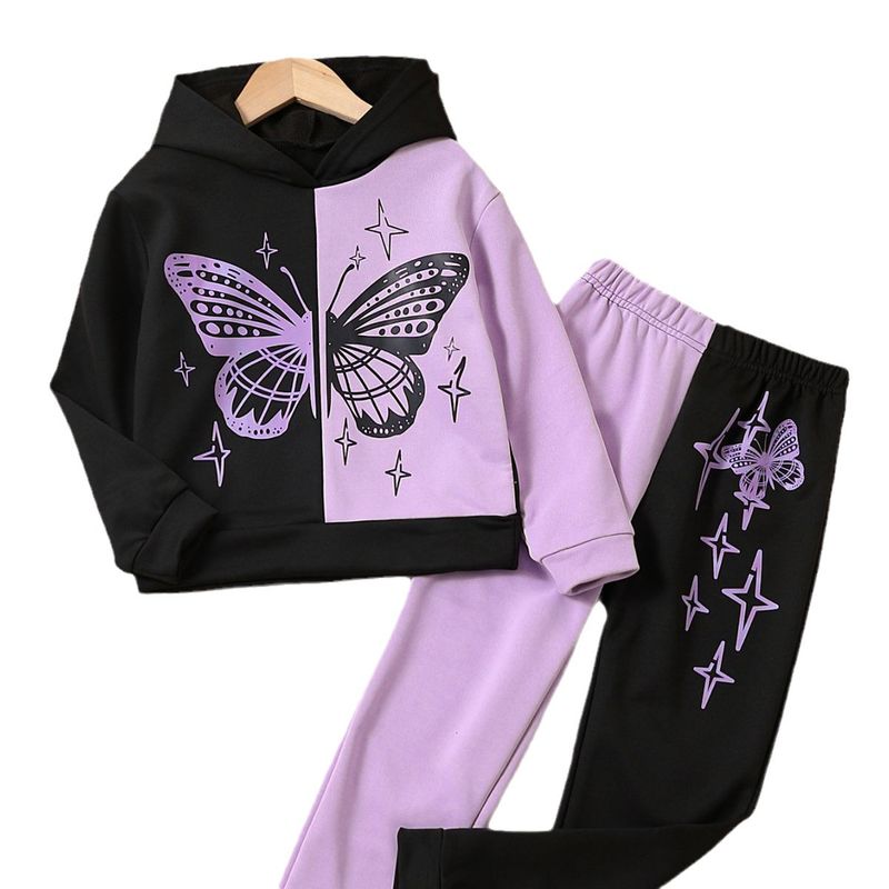 Set di due pezzi con cappuccio a maniche lunghe e motivo a farfalla per bambine, alla moda per la mamma e i bambini_voghion.com
