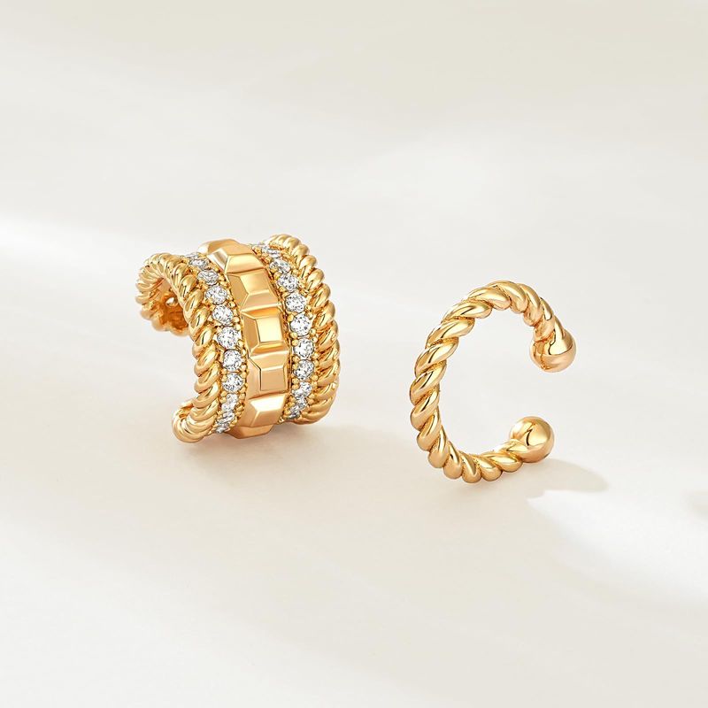 Brass Real Gold Electroplating Fashionable High Grade Sense Twisted Geometric Multi Layered Zircon Ear Bone Clip Ladies Temperament Earrings_voghion.com