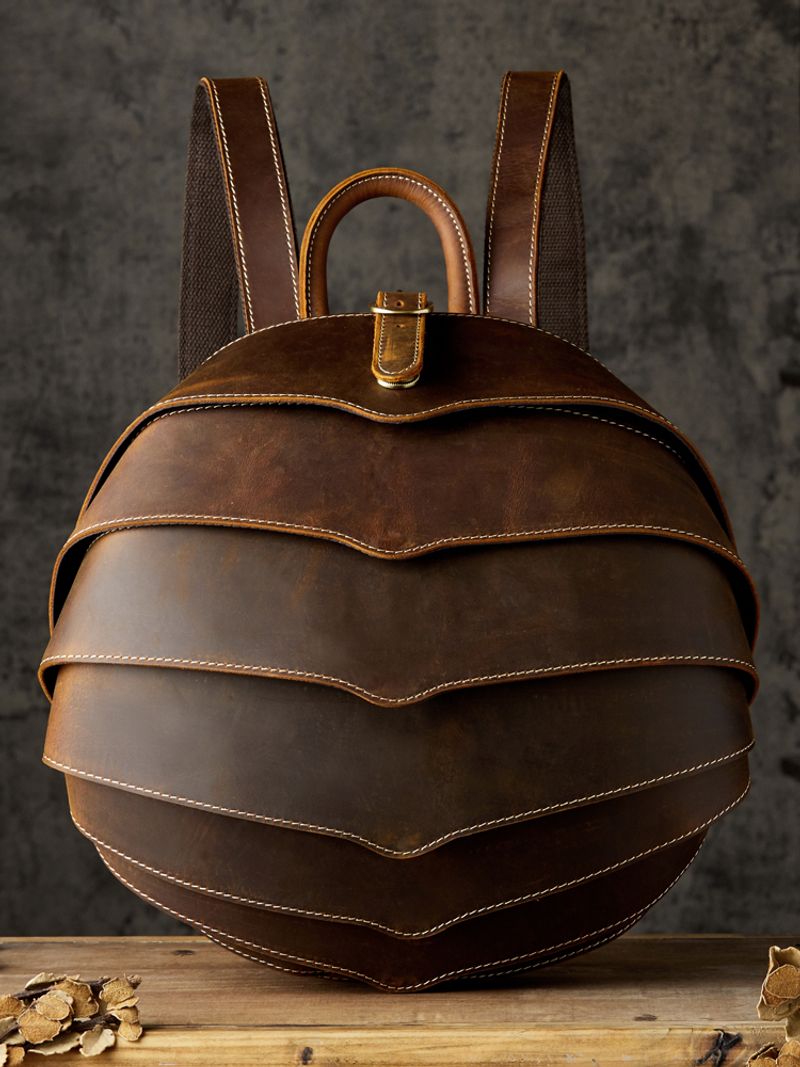 Handmade Cowhide Personalized Beetle Backpack For Men Crazy Horse Leather Trendy Double Shoulder Casual School_voghion.com