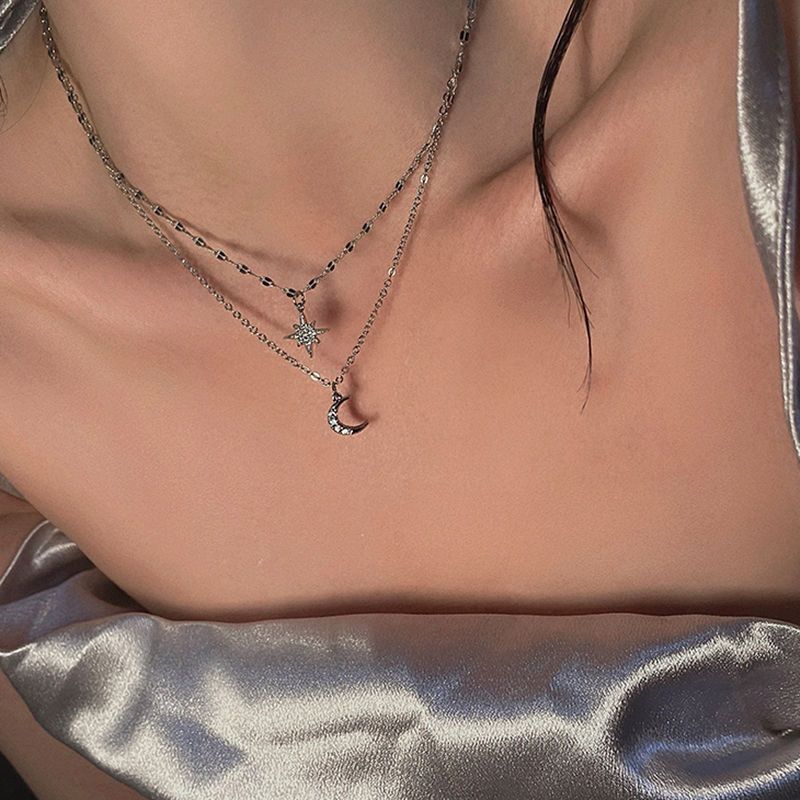 Starry Moon Double layered Necklace for Women 2024 New Elegant Goddess Style Light Luxury Simple Versatile Collar Chain_voghion.com