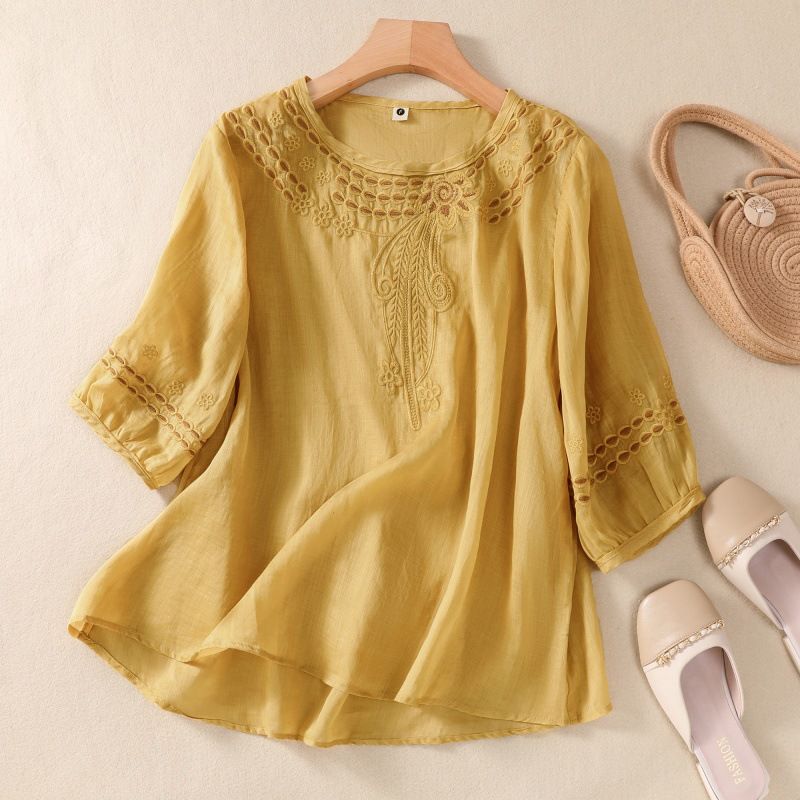  100-count cotton and linen shirts for women, artistic hand-embroidered round neck t-temperament thin tops_voghion.com