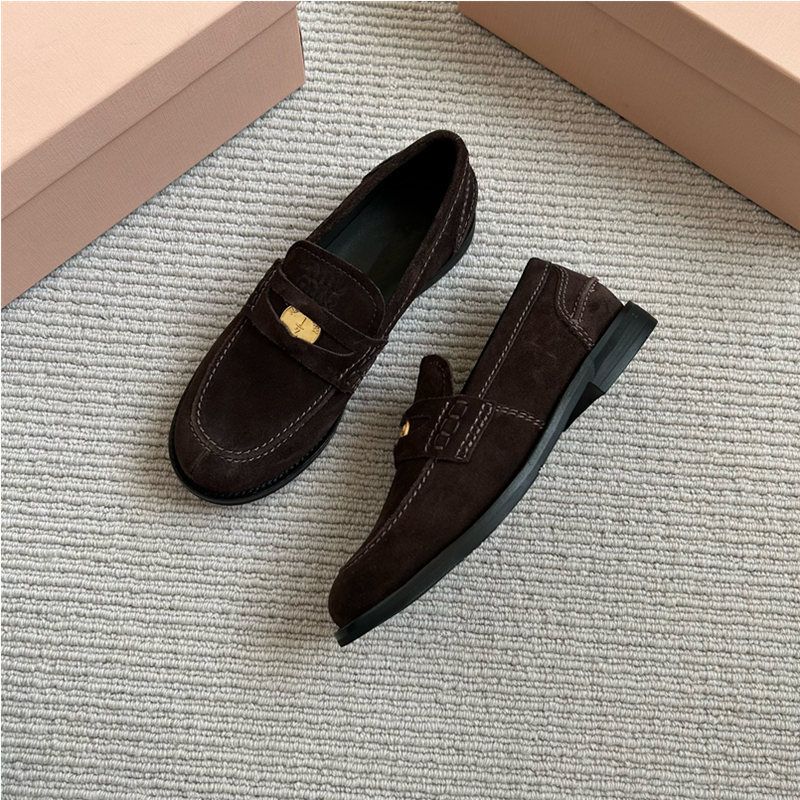 High Version British Genuine Leather Gold Coin Miu Style Loafers Black Slip-On Flat Shoes_voghion.com
