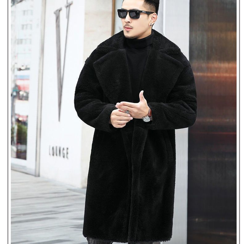 Men's Winter Shearling Leather Coat Long Alpaca Wool Fur Trench Jacket Casual Loose Fit Double Breasted Notch Lapel_voghion.com