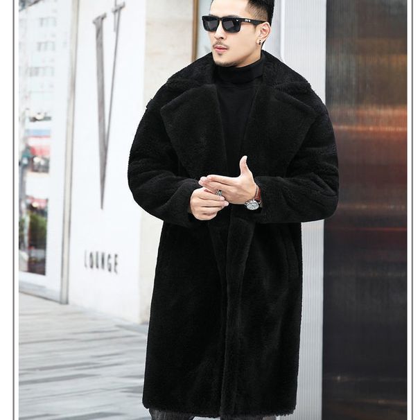 Men's Winter Shearling Leather Coat Long Alpaca Wool Fur Trench Jacket Casual Loose Fit Double Breasted Notch Lapel_voghion.com