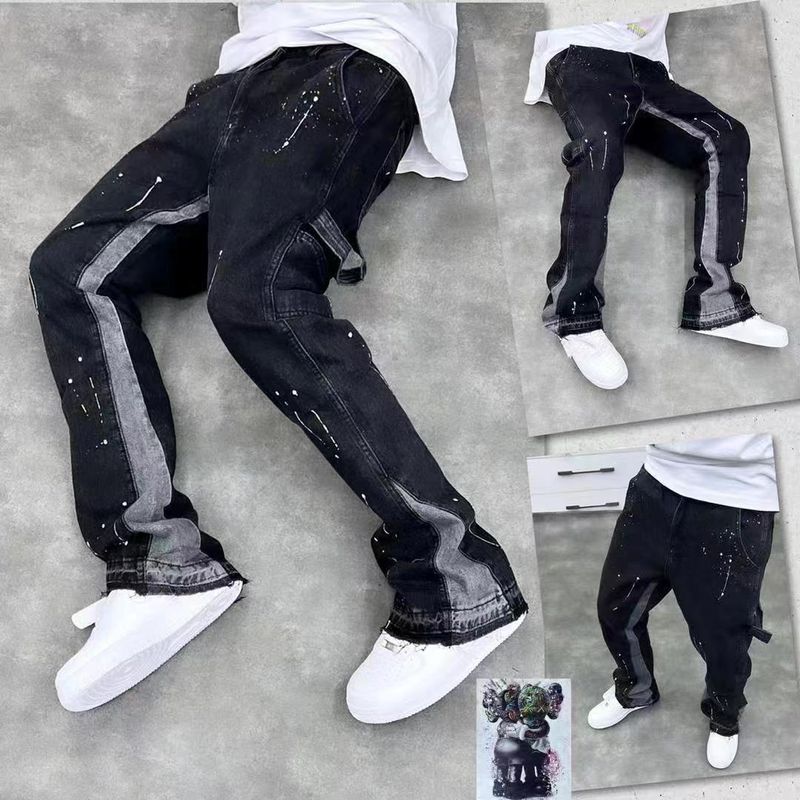 High Street Trendy Brand Speckled Ink Micro Horn Jeans Men's American Vibe Style Loose Straight Leg Casual Floor_voghion.com
