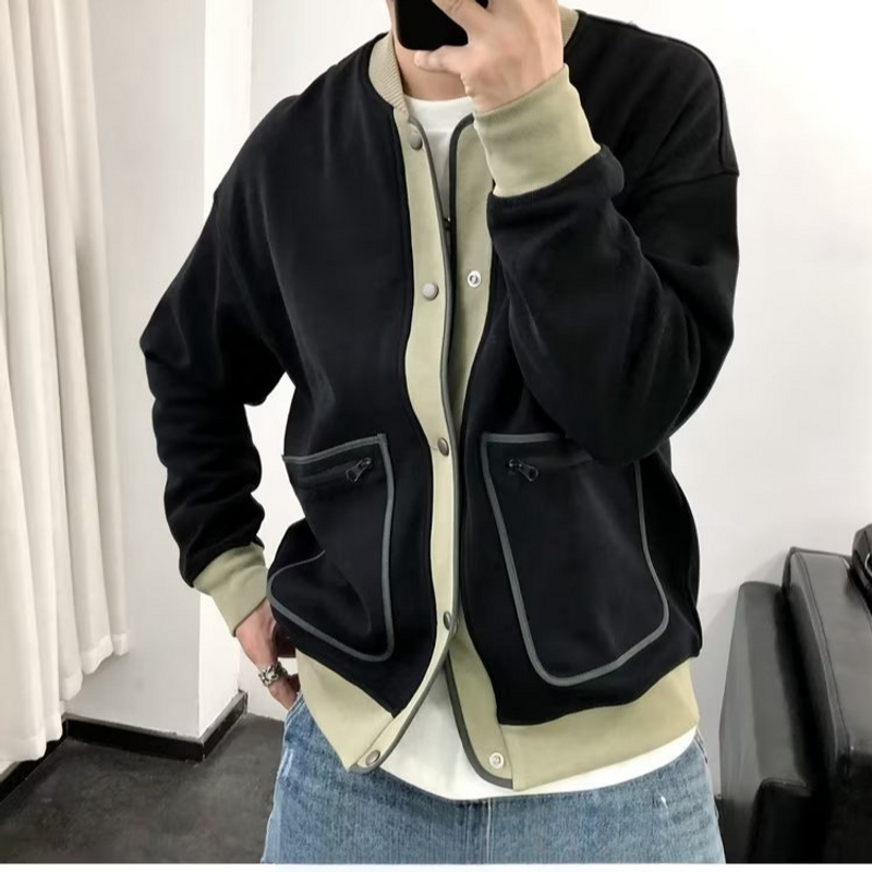 New Fashionable Urban Color blocked Baseball Jacket for Men's Street Casual Versatile Trendy Brand Loose Open Top Clothes_voghion.com