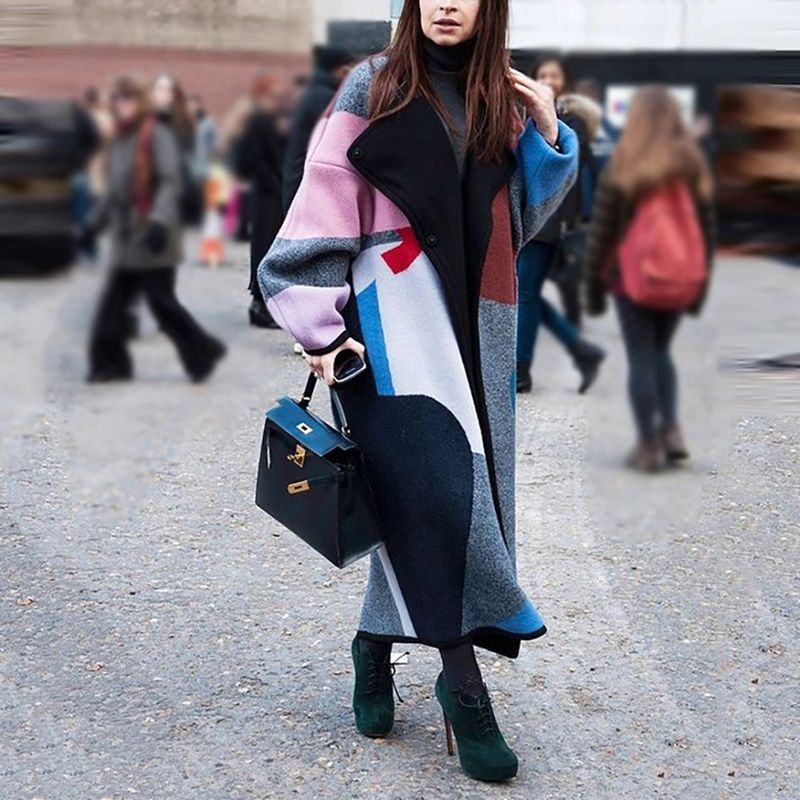 Women's coat fashion color matching lapel digital print double-sided tweed coat_voghion.com
