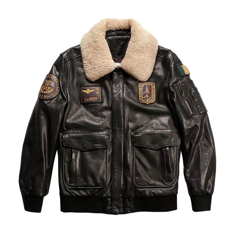Vegetable-tanned Sheepskin Coat Men's High Quality Wool Collar Black Genuine Leather Jackets_voghion.com