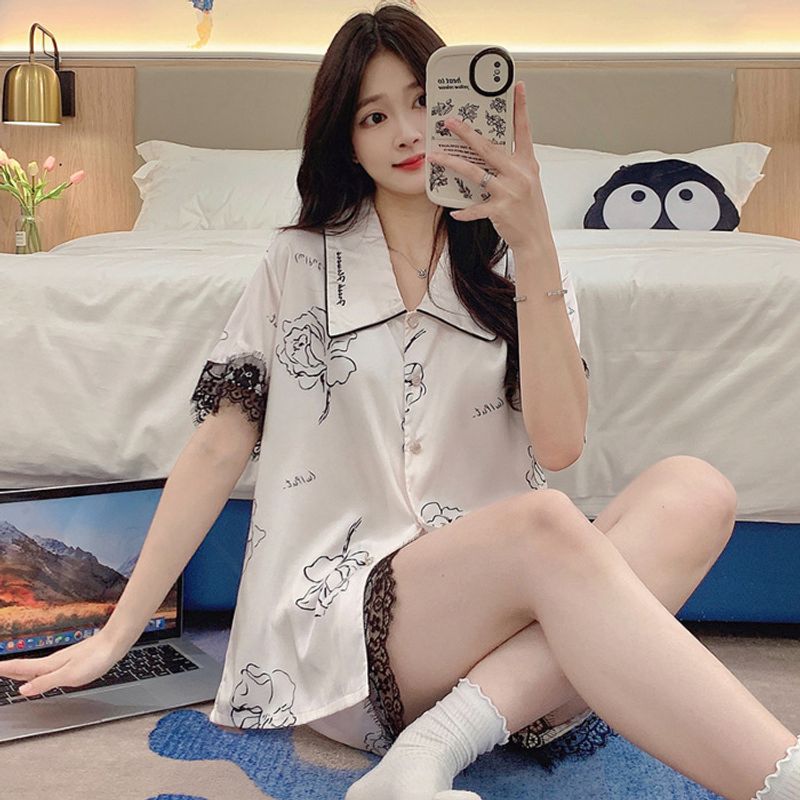 Ice and snow silk sleepwear for girls, summer new sweet ins style cardigan, short sleeved shorts, two-piece set,_voghion.com