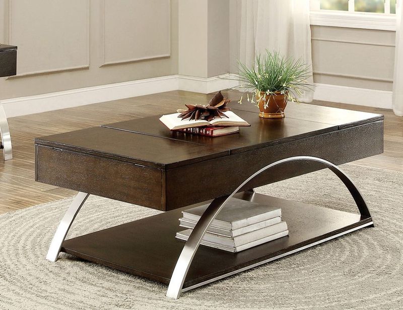 Modern Living Room Furniture 1pc Lift Top Coffee Table With Display Shelf Espresso Finish Wood Chrome Metal Finish Unique Style Cocktail Table_voghion.com