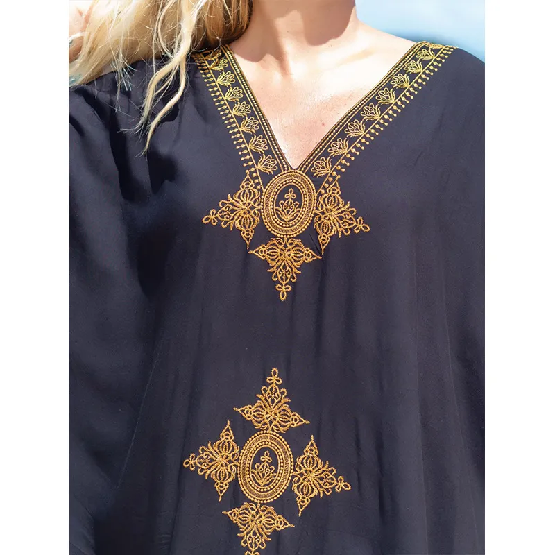 Women's Clothing Summer Cotton Golden Embroidered Robe Holiday Comfortable Loose Beach Cover Up_voghion.com