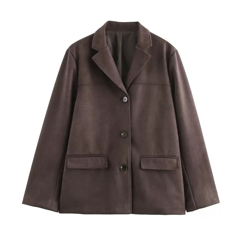 Übergroße einreihige Anzug-Blazerjacke für Damen – Street Fashion Langer Mantel mit Reverskragen, Wildlederstruktur, Herbst-Winter-Casual-Chic_voghion.com