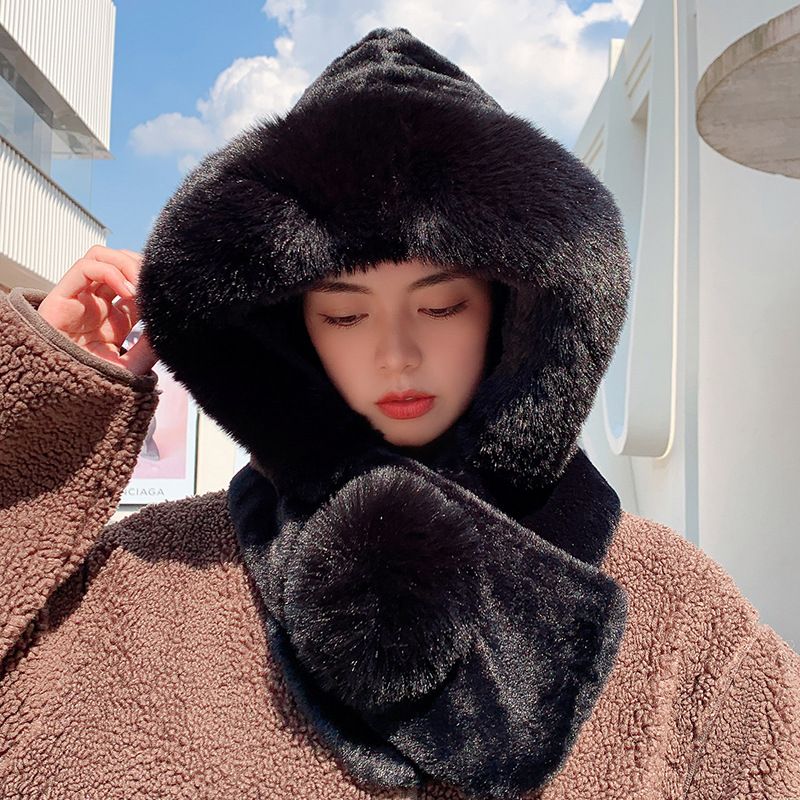 Cozy Winter Fleece Scarf Hat Combo - Warm Knit Earflap Beanie With Pompom For Women, Black & Khaki_voghion.com