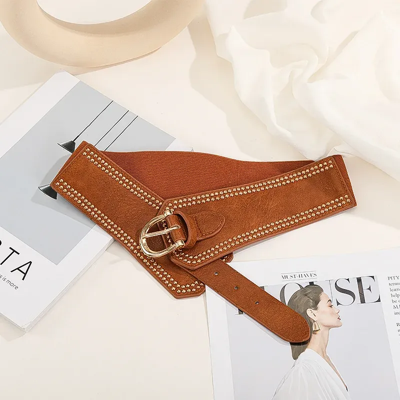 Cinturón elástico con remaches y hebilla de pasador para mujer, de moda, con cintura ancha, para falda, abrigo y traje, de marca de diseñador._voghion.com