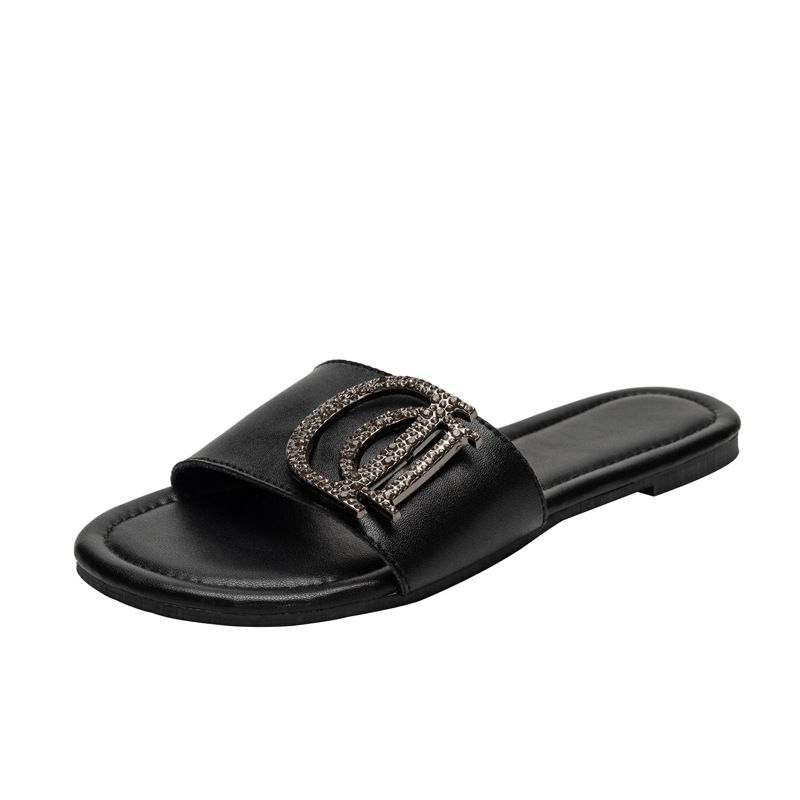 Γυναικεία σανδάλια και παντόφλες από δέρμα με στρας, μονόχρωμα, διπλή αγκράφα D, καλοκαίρι 2023, νέα μοντέρνα casual μαύρα μεγάλα παπούτσια_voghion.com