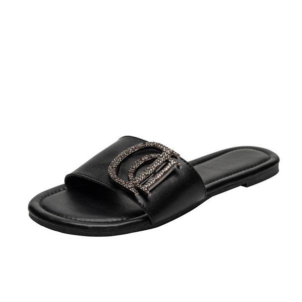 Γυναικεία σανδάλια και παντόφλες από δέρμα με στρας, μονόχρωμα, διπλή αγκράφα D, καλοκαίρι 2023, νέα μοντέρνα casual μαύρα μεγάλα παπούτσια_voghion.com