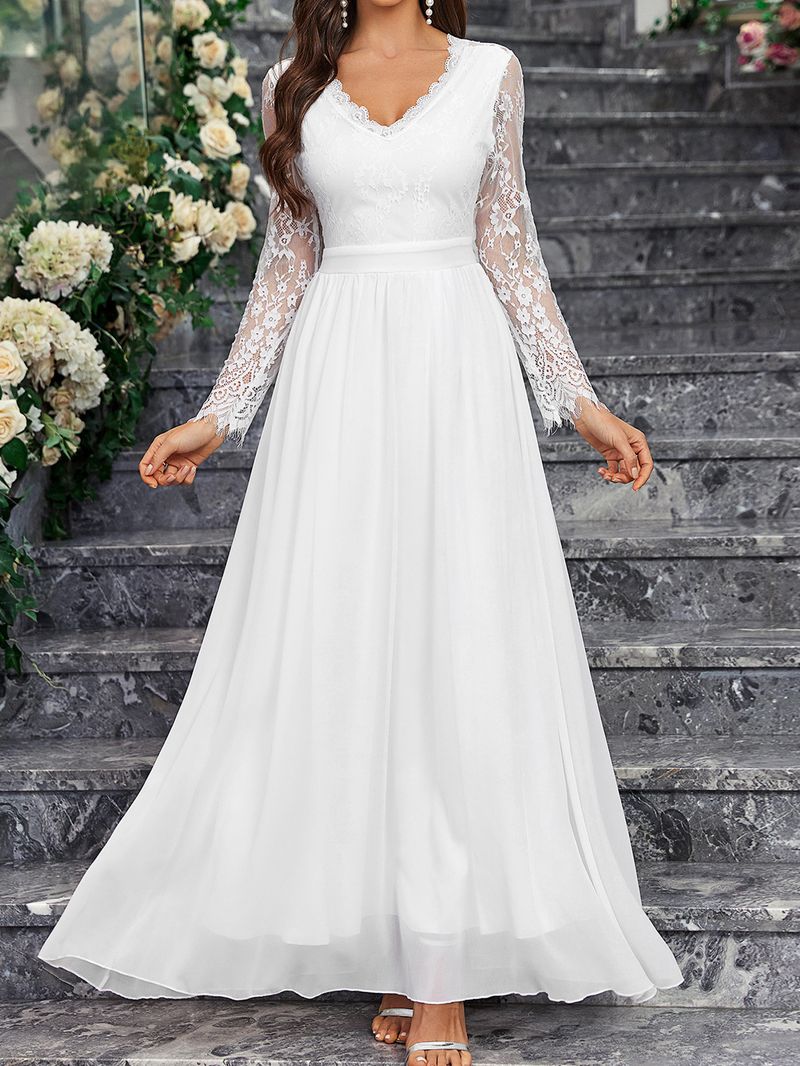 Women's Clothing new long sleeve V-neck lace chiffon backless wedding bridesmaid dress banquet_voghion.com
