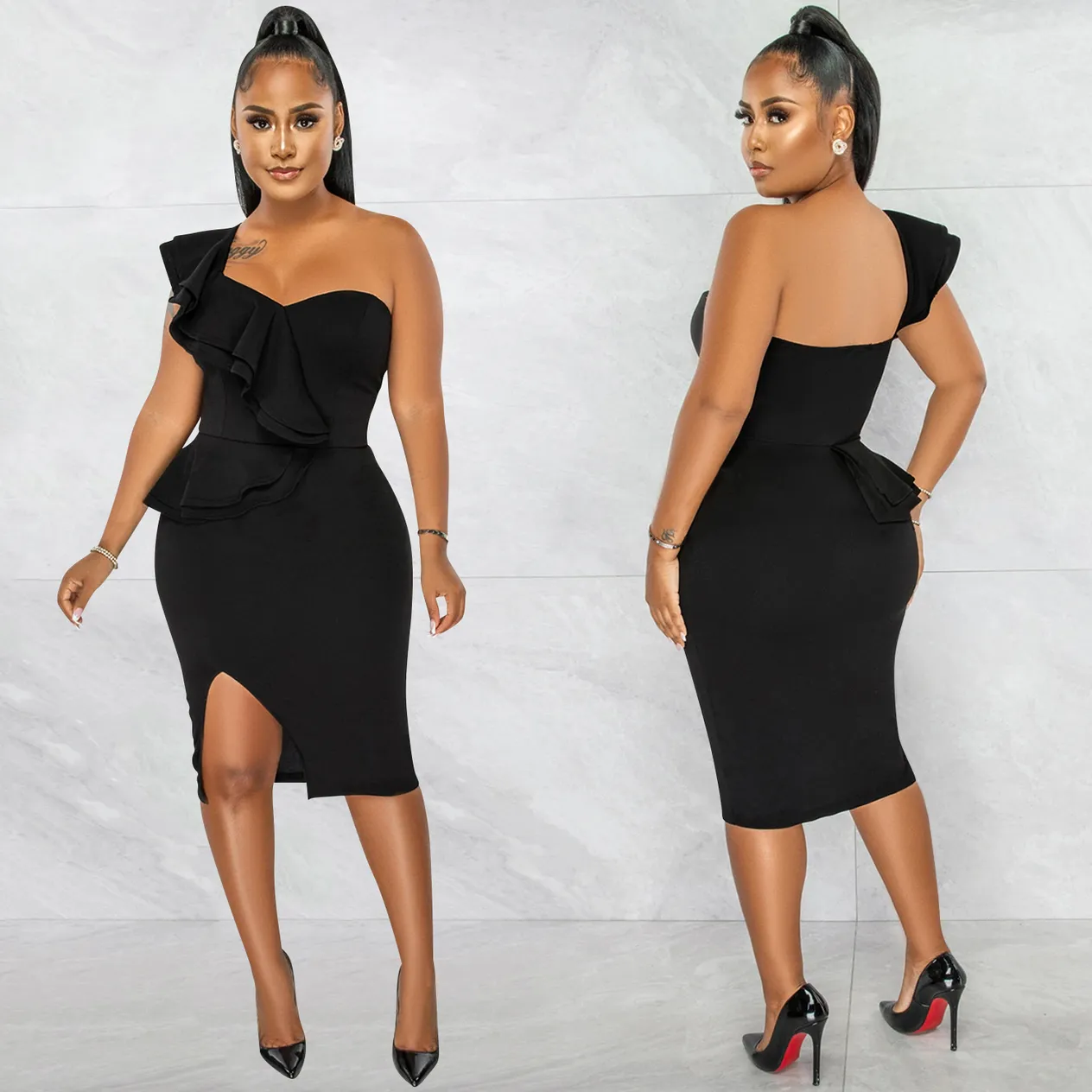 Women's Clothing fashion casual ruffled slit one shoulder sleeve dress women's clothing_voghion.com