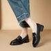 New Round Toe Chunky Heel Slip-On Leather British Style Metal Buckle Soft Sole Loafers Black Women's Shoes_voghion.com