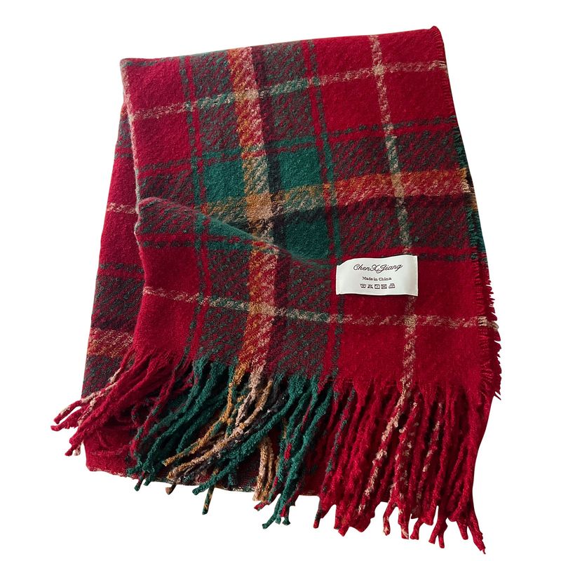 New Year Christmas atmosphere for women, winter Korean style, red checkered outer layer, warm long shawl scarf_voghion.com