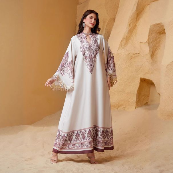 Elegantes muslimisches Abaya-Kleid im Dubai-Stil, langärmliges, fließendes Maxikleid mit Digitaldruck und Strassdetails_voghion.com