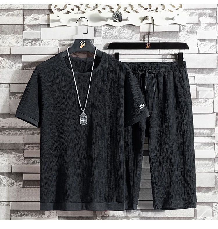 Men's Ice Silk Suit Casual Sports Suit Loose Large Size Short-Sleeved Cropped Pants Fashionable Two-Piece Suit_voghion.com