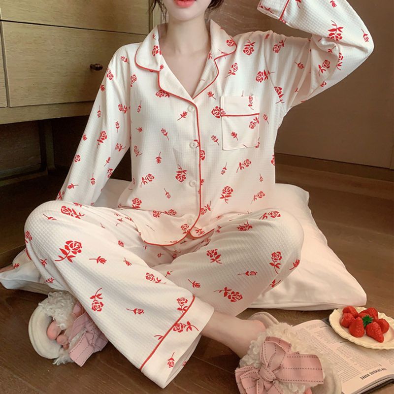 2024 Spring New Pajamas Women's Jacquard Waffle Collar Cardigan Korean Edition Long Sleeve Pants Sweet Home Clothes_voghion.com
