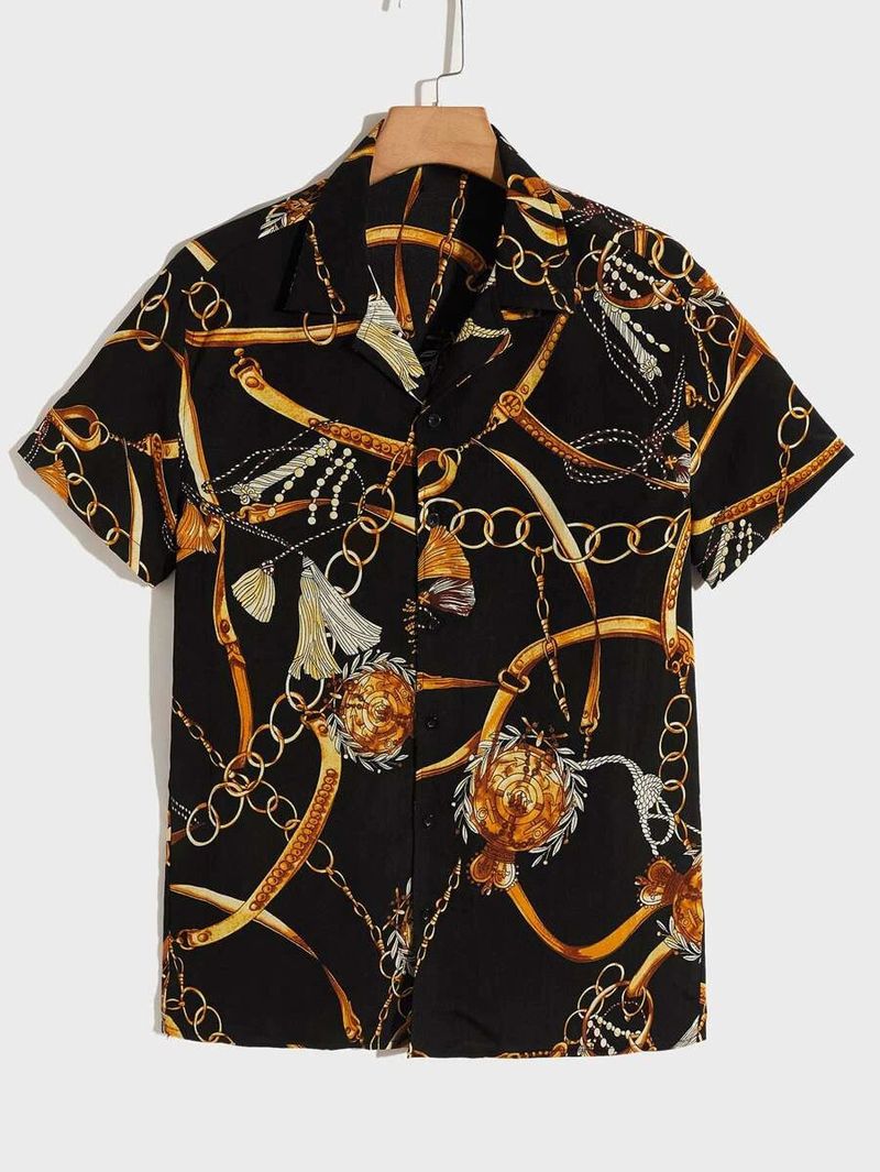 Herrenmode Kurzarmhemd mit Kettenstreifen-Print, lockeres passendes Hemd_voghion.com