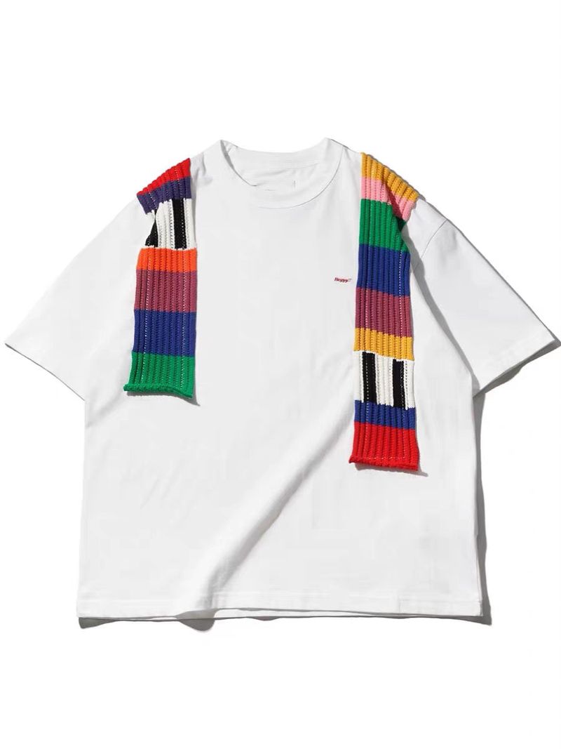 Maglietta a maniche corte con cuciture in lana arcobaleno da uomo, stile casual, versatile e ampia._voghion.com