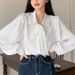 Camicia bianca da donna nuova primavera e autunno 2024 con fiocco francese in basso e manica lunga_voghion.com