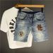 Herrenbekleidung Herren-Jeansshorts im Used-Look mit Stickerei und Spritzer-Design – dehnbare, lässige Streetwear-Cargo-Shorts mittlerer Länge (Hellblau)_voghion.com