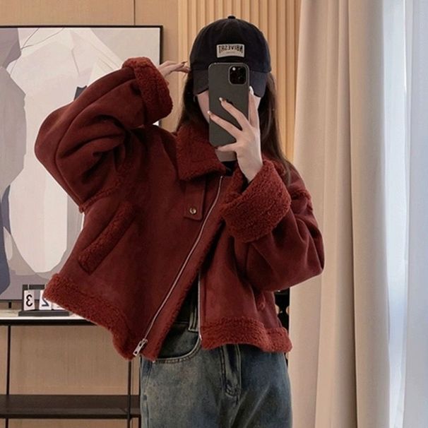 Sheepskin Shearling Short Coat 2023 Winter Thickened Stand Collar Suede Biker Jacket For Petite Women_voghion.com