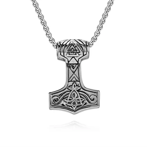 Retro Nordischer Wikinger-Dreiecksknoten Thorshammer Titanstahl-Halskette Grenzüberschreitender E-Commerce-Schmuckanhänger aus Edelstahl_voghion.com