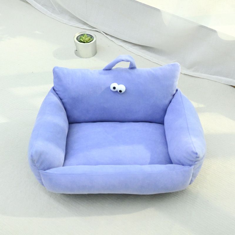 Sofa mit großäugigem Hunde-/Katzenmuster, gestreiftes Macaron-Bett, Matratze für kleine und mittelgroße Haustiere_voghion.com