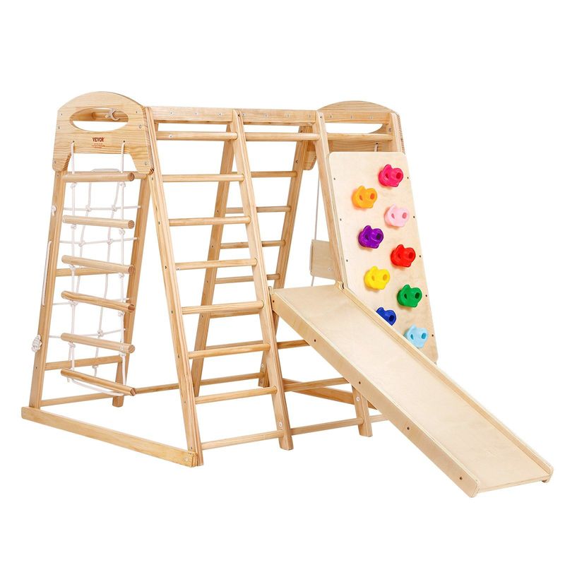 VEVOR Indoor Jungle Gym, 7-in-1 Toddler Indoor Playground, Wooden Toddler Climbing Toys Indoor With Wood & Rope Ladder, Net Ladder, Swing, Monkey Bar, Slide, Climbing Wall, 43 X 47.2 X 47in_voghion.com
