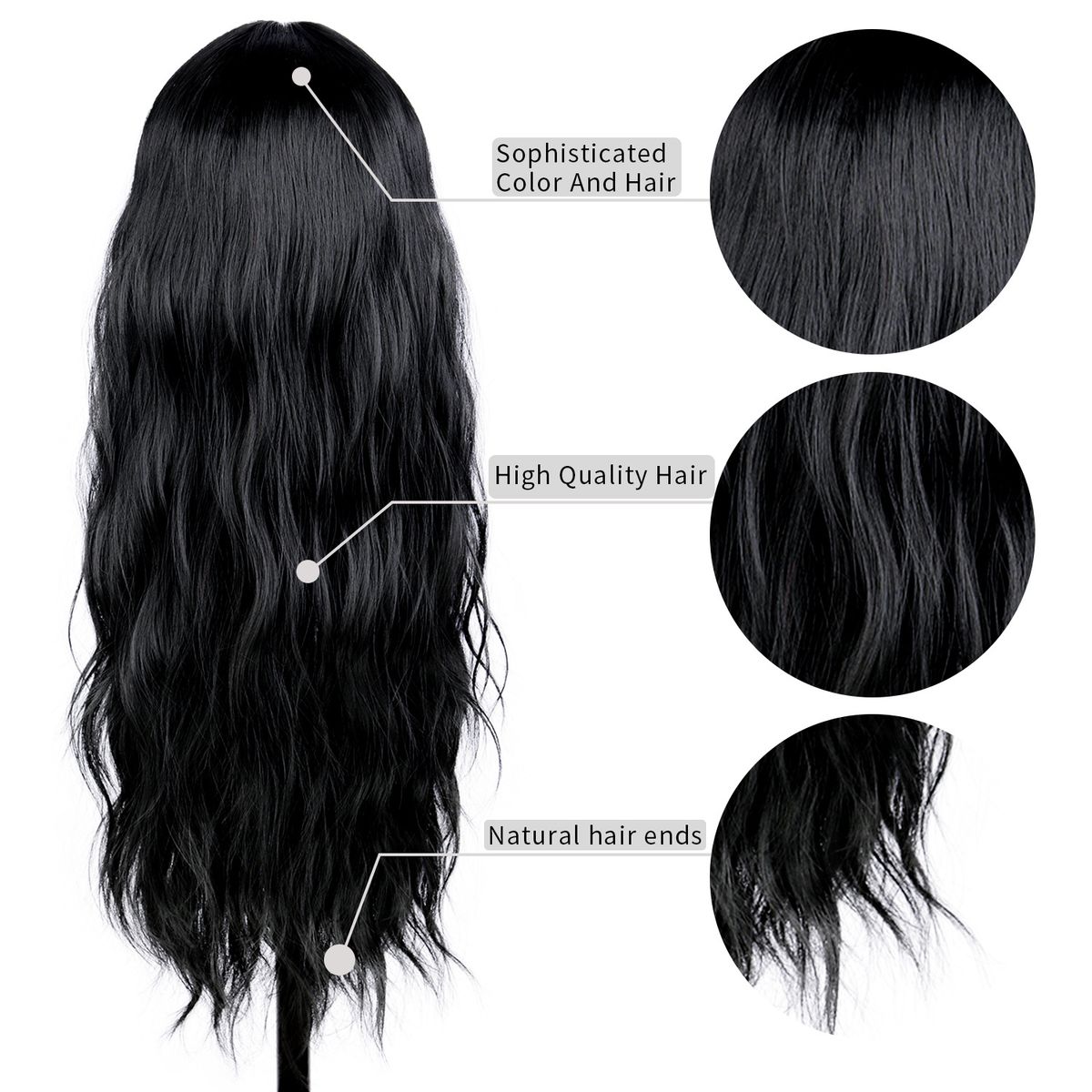 Haarverlängerungsperücken, Mittelscheitel, lange, lockige Perücken für Männer und Frauen, schwarze Chemiefaser, volle Kopfbedeckung, mehrere Stile erhältlich_voghion.com