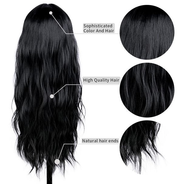 Haarverlängerungsperücken, Mittelscheitel, lange, lockige Perücken für Männer und Frauen, schwarze Chemiefaser, volle Kopfbedeckung, mehrere Stile erhältlich_voghion.com
