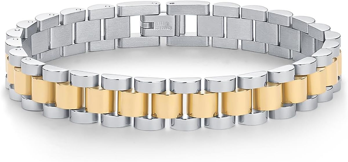 Aurora Atelier Bracciale a catena con cinturino impermeabile placcato oro 14K per donna | Bracciale a maglie grosse in acciaio inossidabile con metalli misti bicolore_voghion.com