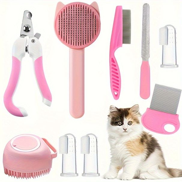 Set de 9 cepillos para gatos con cortaúñas y lima, cepillo autolimpiable de silicona y peine antipulgas. Suministros para mascotas._voghion.com