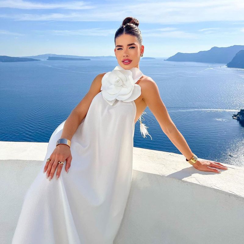 Robe de plage une pièce blanche pure pour femme, style vacances en bord de mer_voghion.com