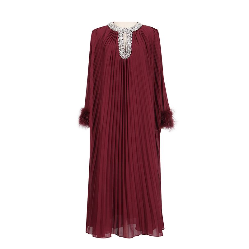 Women's Clothing Autumn And Winter New Round Neck Diamond Pleated Ostrich Feather Solid Color Dress_voghion.com