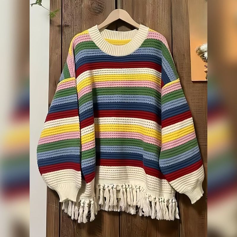 Pull tricoté à manches longues à rayures arc-en-ciel Automne Nouveau automne/hiver Haut à pompon amincissant ample_voghion.com