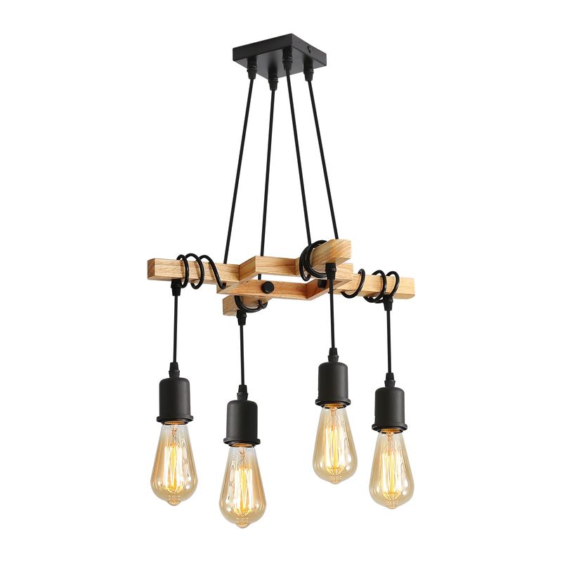 GOECO Pendelleuchte aus Holz, Schwarz, E27 ohne Leuchtmittel, 4-flammig, Innenbeleuchtung für Wohnzimmer, Schlafzimmer, Esszimmer, 41,5*41,5*115 CM_voghion.com