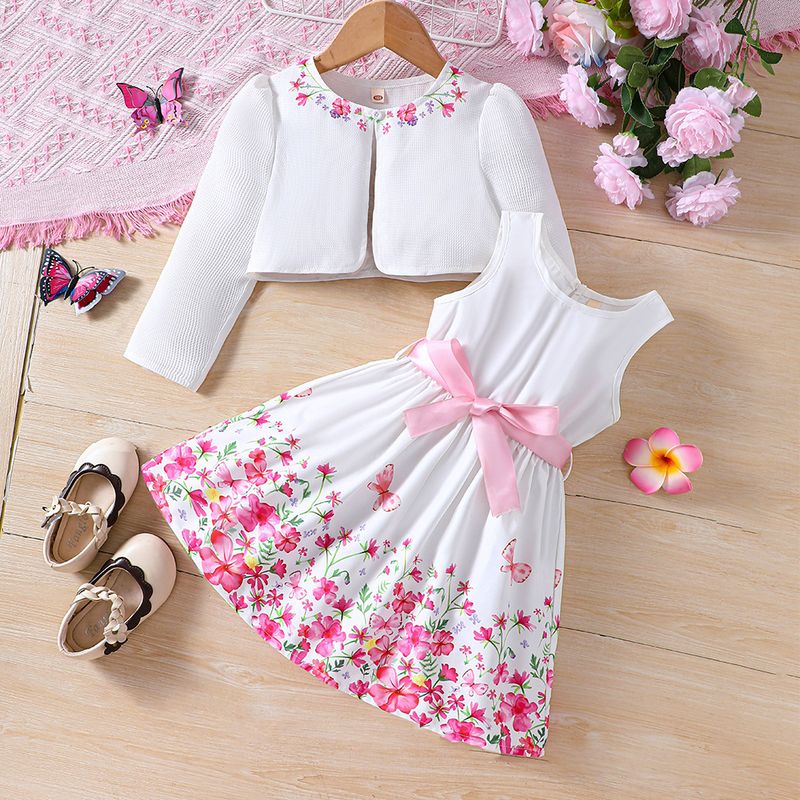 EW Kinderkleidung, neues Produkt für Mädchen, Frühling/Sommer Blumenkleid + Strickjacke TZ1033-D_voghion.com