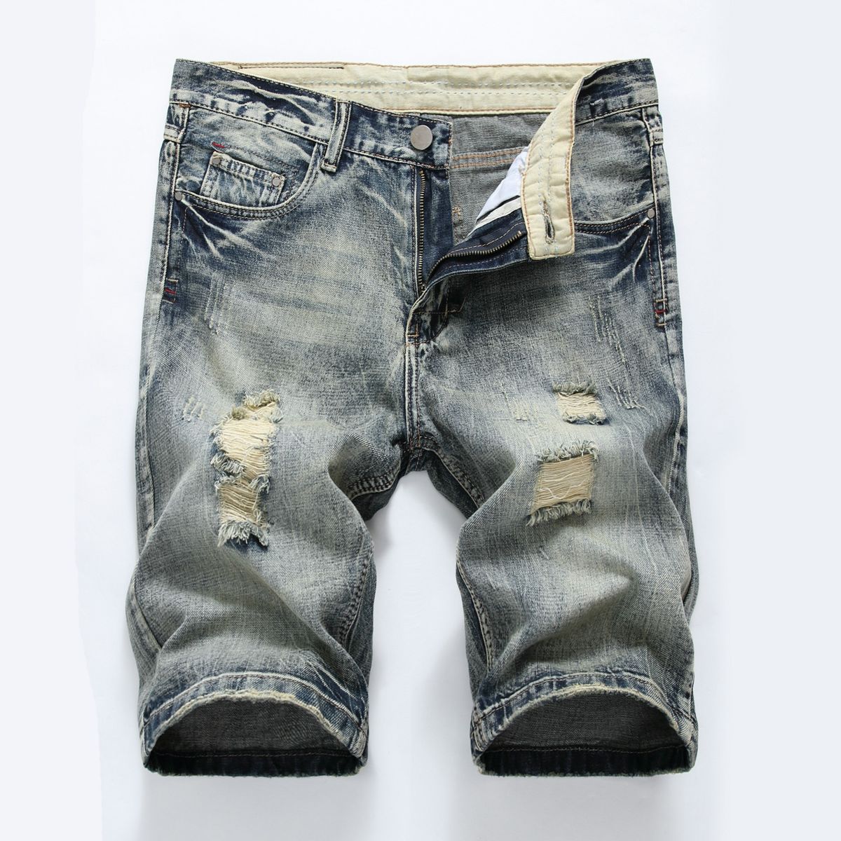 Vintage Ripped Design jeansshorts, män Casual Street Style Mid Stretch jeansshorts för sommaren_voghion.com