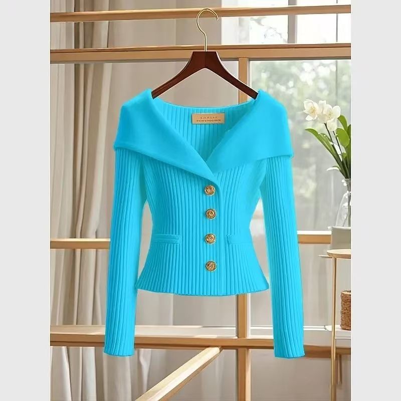 Women's Clothing Design Niche Elegant Knit Cardigan With Button Closure, Navy Collar & Waist-Defining Fit – Versatile For Work & Casual Wear_voghion.com