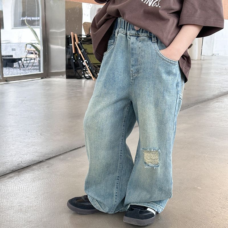 Kinderbekleidung Kinderhosen Jungen und Mädchen Herbststil Zerrissene Micro-Stretch-Jeans Baby Hübsche gerade Hose_voghion.com