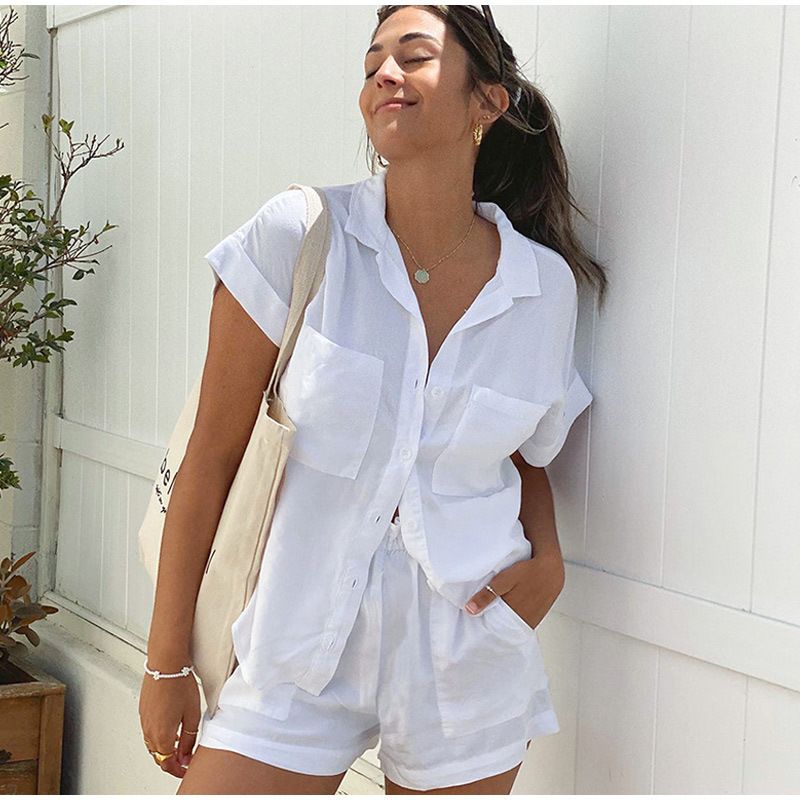 Women's Spring and summer loose cotton and linen tops and shorts two-piece suits  new fashion women's shorts suits_voghion.com