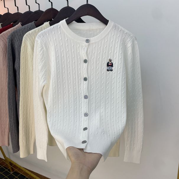 New Autumn Women's Clothing Solid Color Embroidered Sweater Simple Lazy Style Outer Wear Small Cardigan V Neck Long Sleeve Shawl Outer_voghion.com