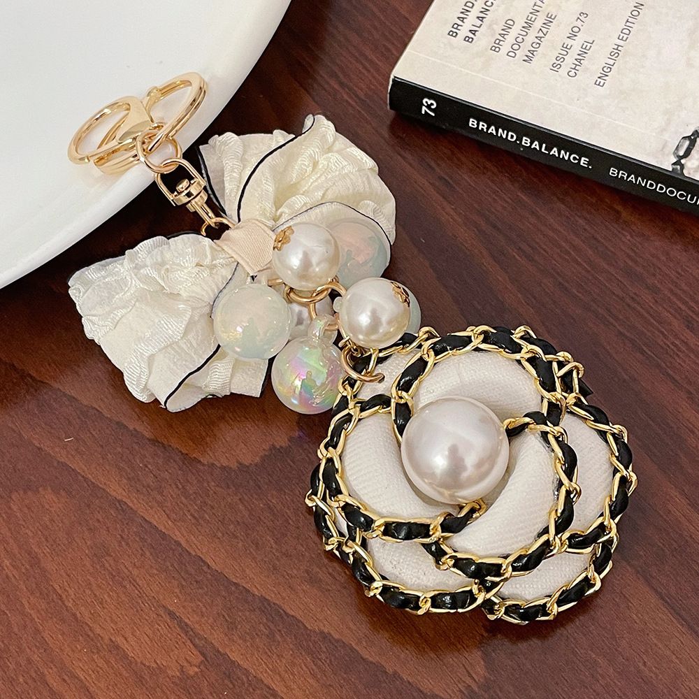 Korean version Candy Zhushan Camellia Bow Handmade Fabric Car Keychain Bag Pendant Small Gift_voghion.com